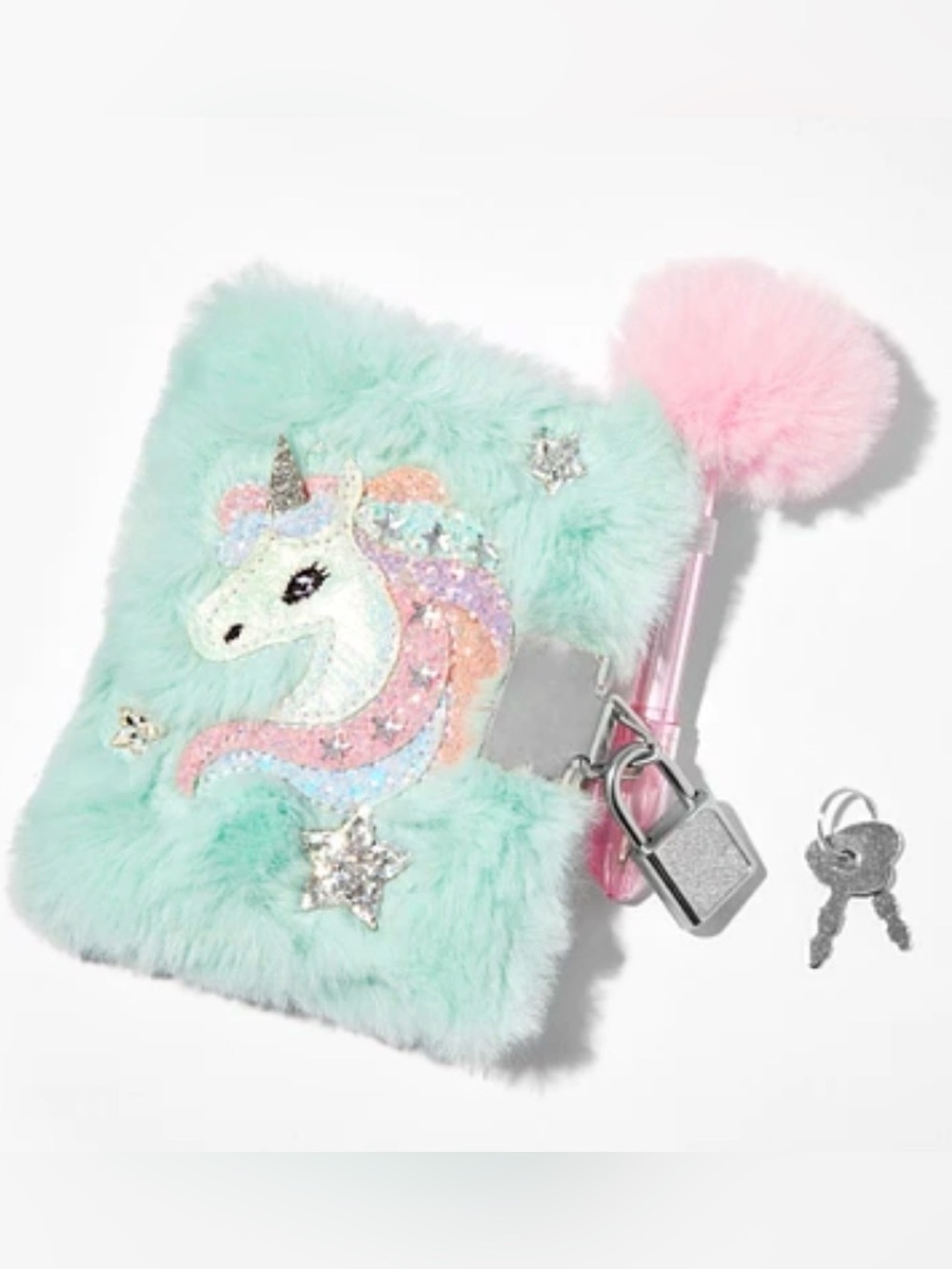 Claire’s Mint Green Unicorn Plush Locking Mini Diary & Pom-Pom Pen Set NWT